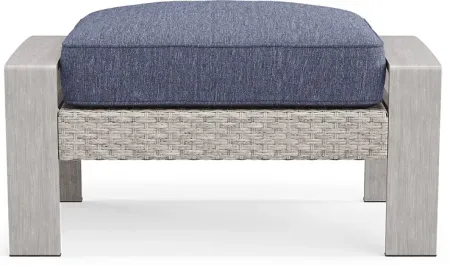 Sun Valley Light Gray Outdoor Ottoman With Blue Cushions