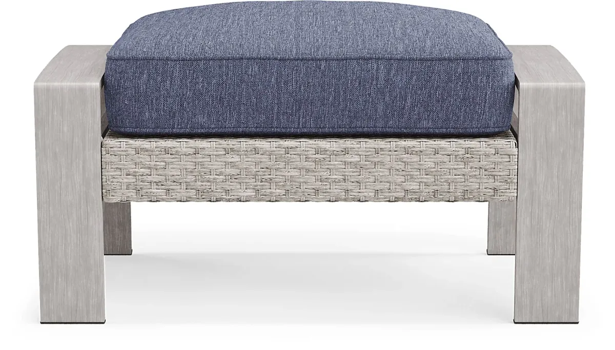 Sun Valley Light Gray Outdoor Ottoman With Blue Cushions