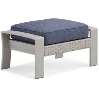 Sun Valley Light Gray Outdoor Ottoman With Blue Cushions