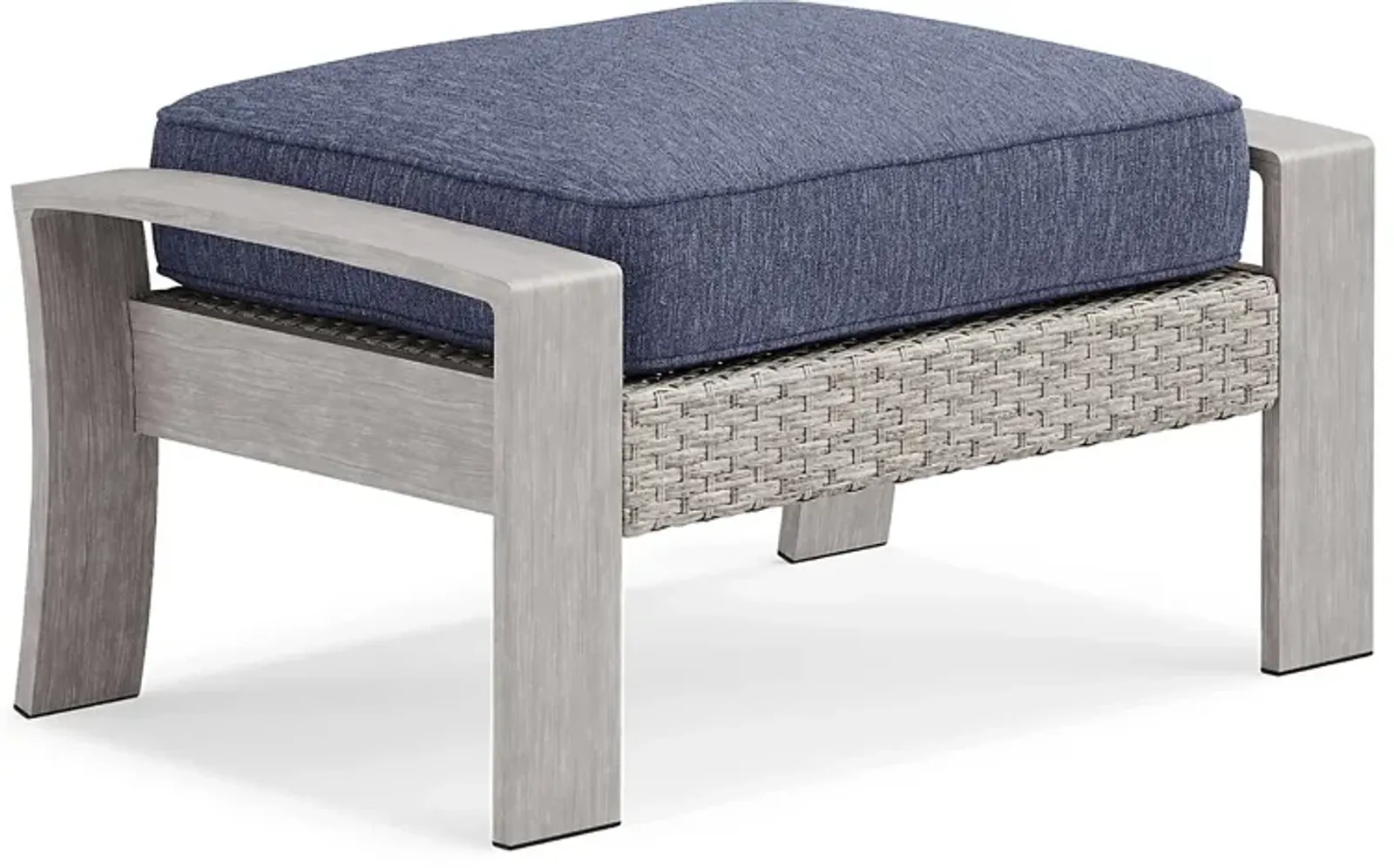 Sun Valley Light Gray Outdoor Ottoman With Blue Cushions