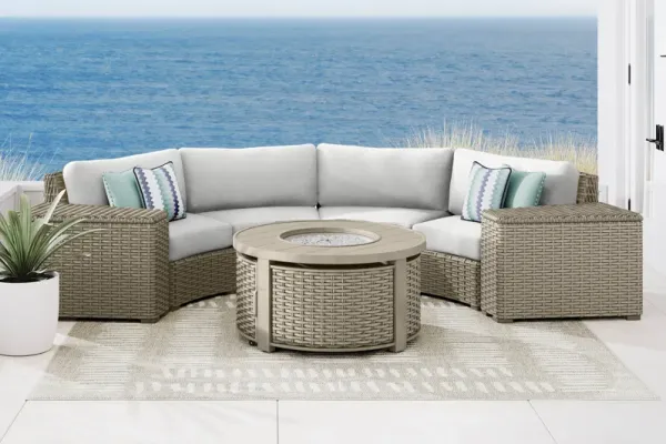 Siesta Key Driftwood 4 Pc Outdoor Curved Sectional with Dove Cushions