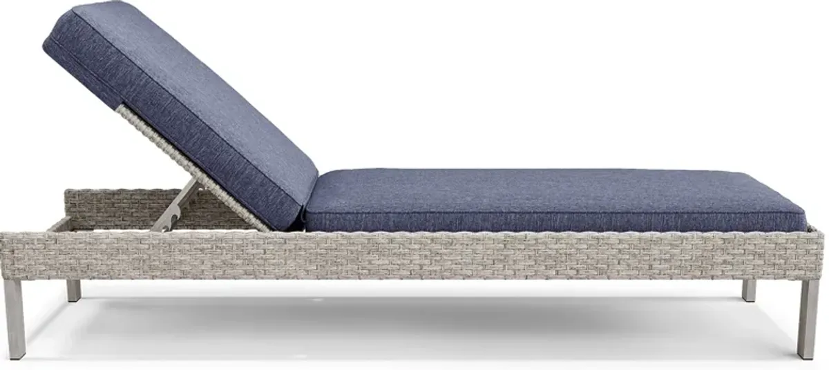 Sun Valley Light Gray Outdoor Chaise With Blue Cushions