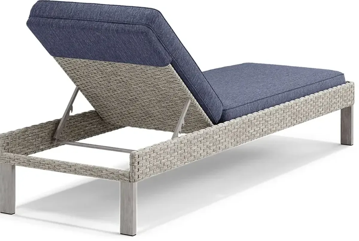 Sun Valley Light Gray Outdoor Chaise With Blue Cushions