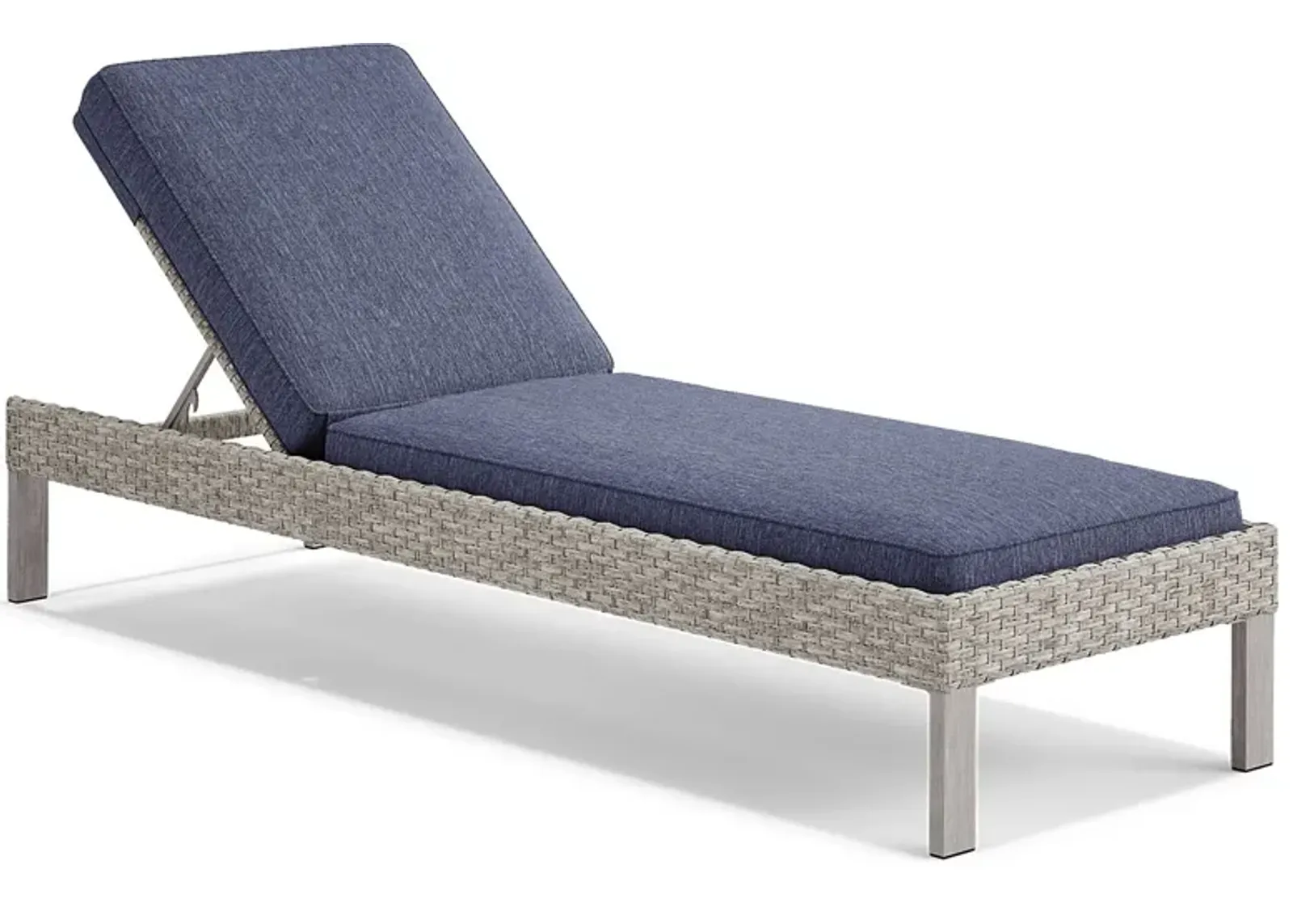 Sun Valley Light Gray Outdoor Chaise With Blue Cushions