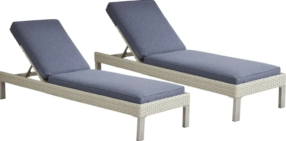 Sun Valley 2 Pc Light Gray Outdoor Set of Chaises With Blue Cushions