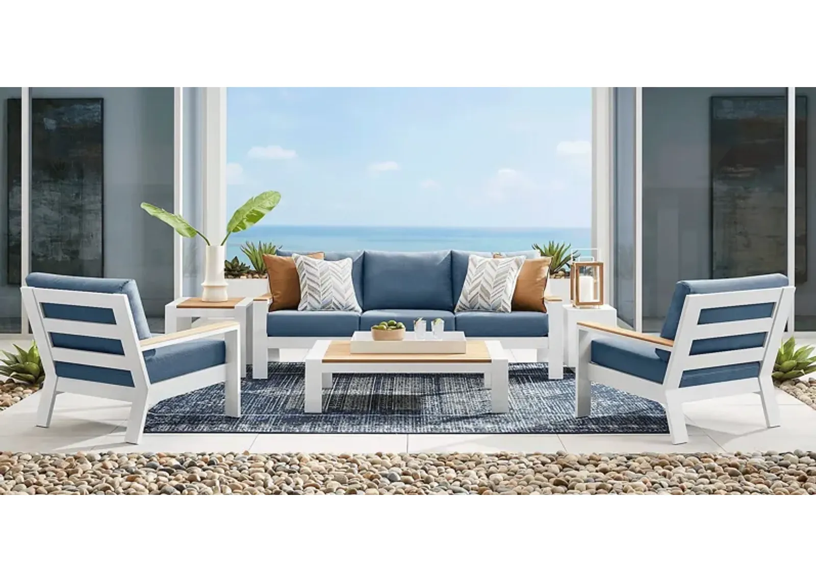 Solana White 4 Pc Outdoor Sofa Seating Set With Blueberry Cushions