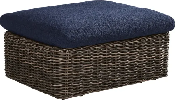 Plume Brown Outdoor Ottoman with Navy Cushion