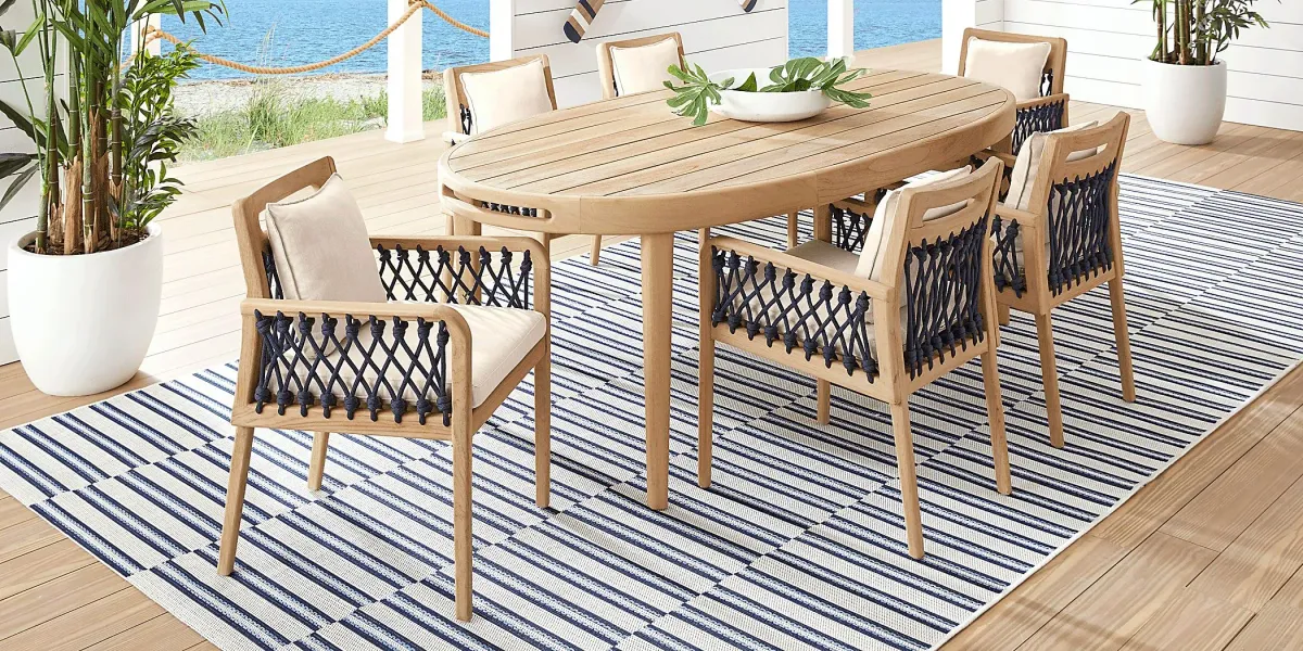 Riva Blonde 7 Pc Oval Outdoor Dining Set with Flax Cushions