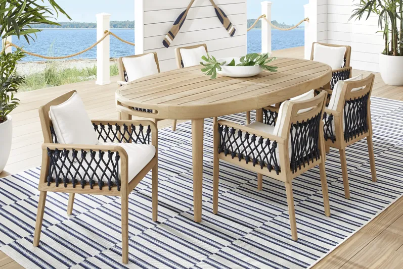 Riva Blonde 7 Pc Oval Outdoor Dining Set with White Cushions