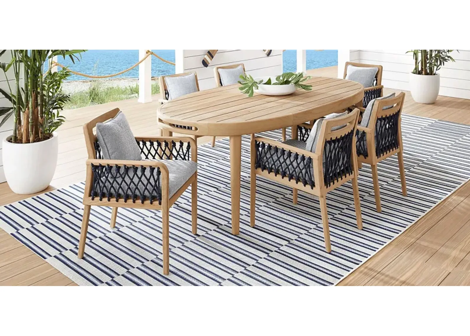 Riva Blonde 7 Pc Oval Outdoor Dining Set with Slate Cushions