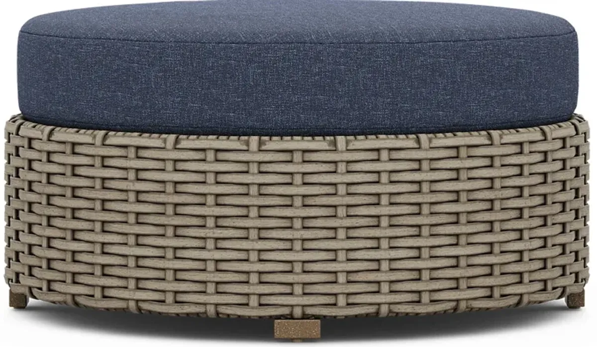Siesta Key Driftwood Round Outdoor Ottoman with Ink Cushion