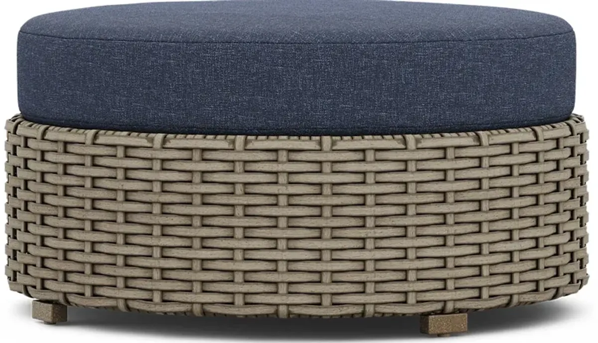 Siesta Key Driftwood Round Outdoor Ottoman with Ink Cushion
