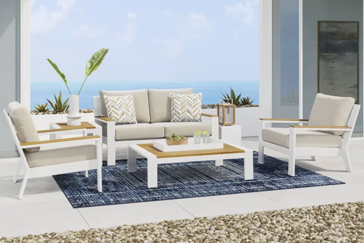 Solana White 4 Pc Outdoor Loveseat Seating Set With Bisque Cushions