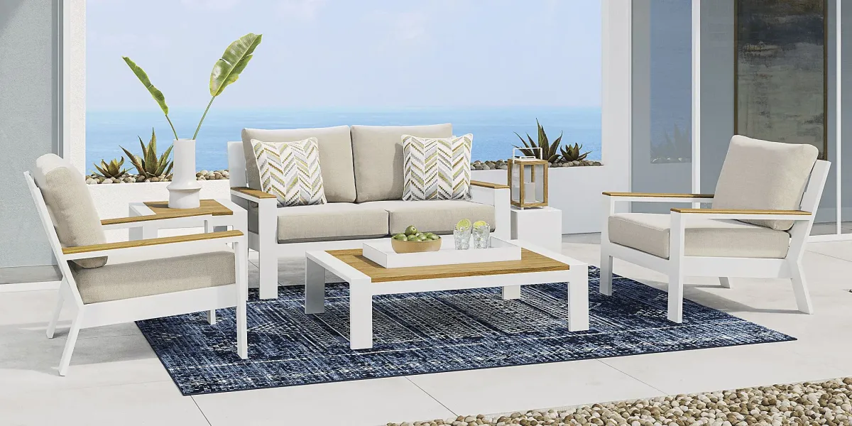 Solana White 4 Pc Outdoor Loveseat Seating Set With Bisque Cushions