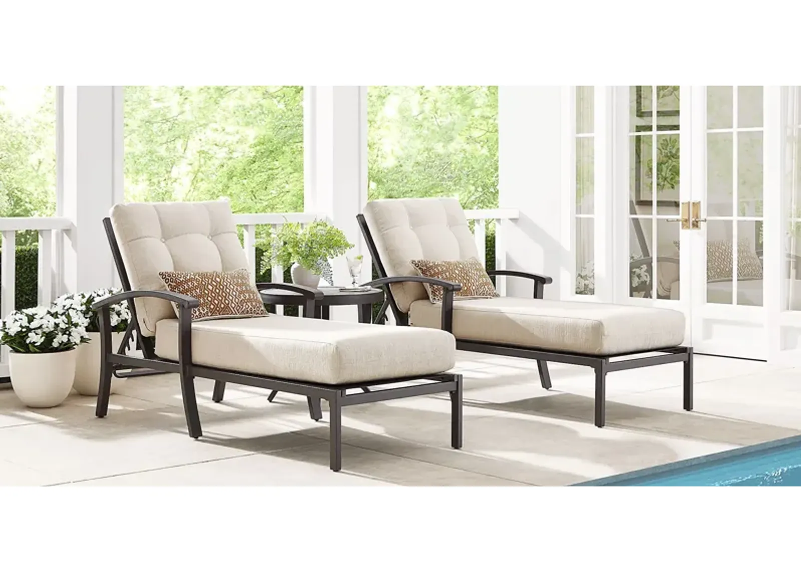 Lake Breeze Aged Bronze Outdoor Chaise with Parchment Cushions, Set of 2