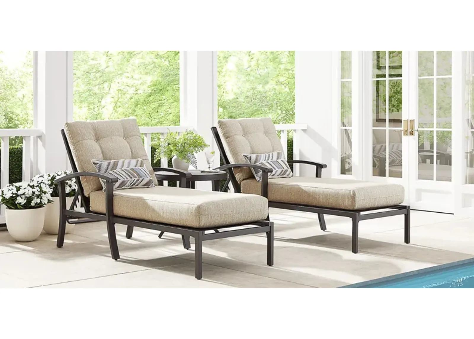 Lake Breeze Aged Bronze Outdoor Chaise with Wren Cushions, Set of 2