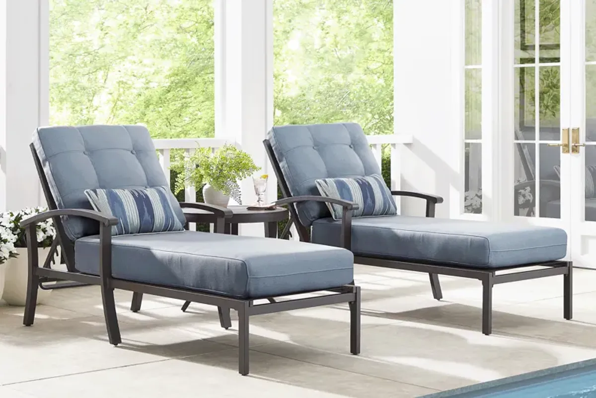 Lake Breeze Aged Bronze Outdoor Chaise with Blueberry Cushions, Set of 2