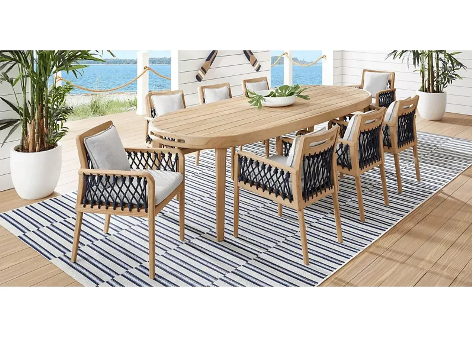 Riva Blonde 7 Pc Large Oval Outdoor Dining Set with Dove Cushions