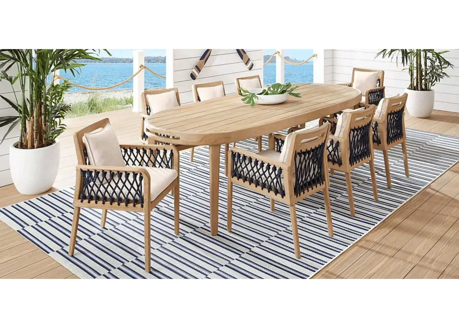 Riva Blonde 7 Pc Large Oval Outdoor Dining Set with Flax Cushions