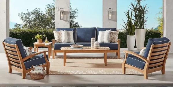 Pleasant Bay Teak 4 Pc Outdoor Seating Set with Indigo Cushions