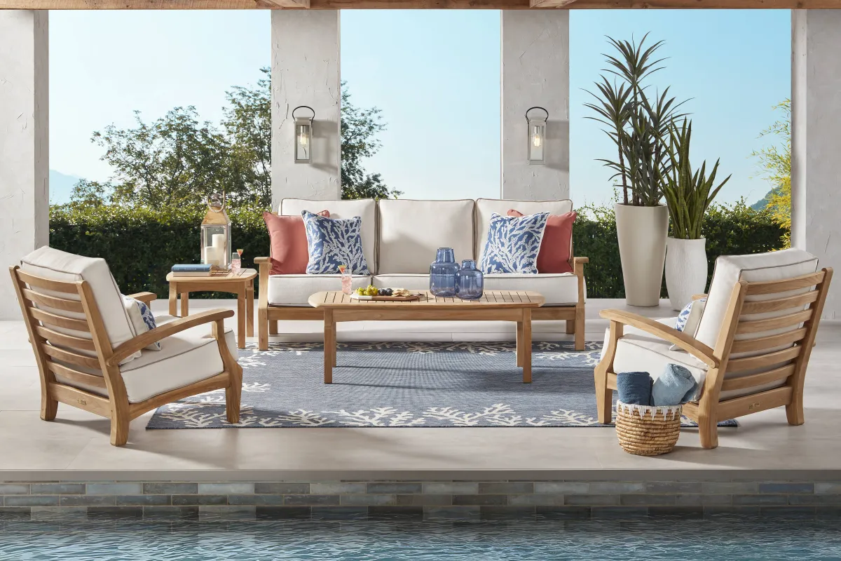 Pleasant Bay Teak 4 Pc Outdoor Seating Set with Vapor Cushions