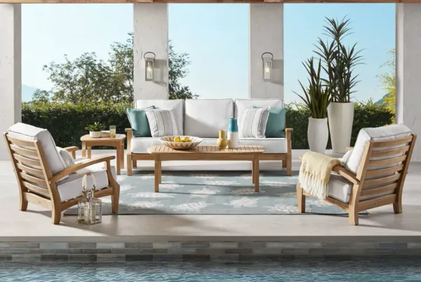 Pleasant Bay Teak 4 Pc Outdoor Seating Set with Dove Cushions