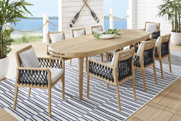 Riva Blonde 9 Pc Large Oval Outdoor Dining Set with Dove Cushions