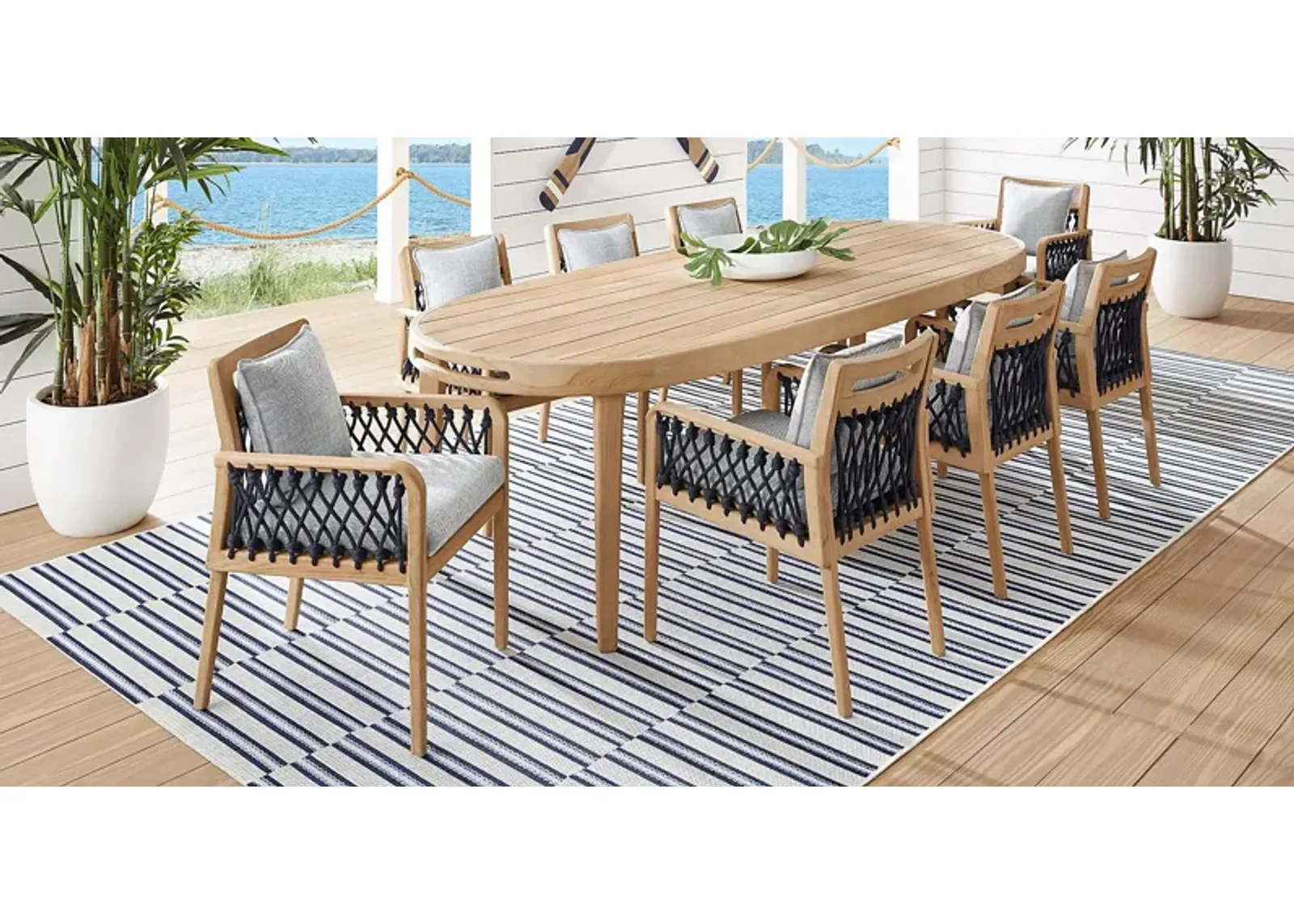 Riva Blonde 9 Pc Large Oval Outdoor Dining Set with Slate Cushions