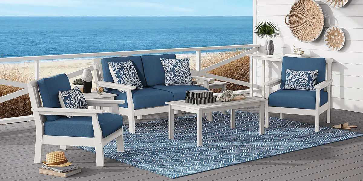 Eastlake White 4 Pc Outdoor Loveseat Seating Set with Ocean Cushions