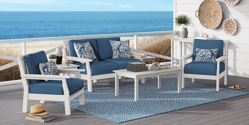 Eastlake White 4 Pc Outdoor Loveseat Seating Set with Ocean Cushions