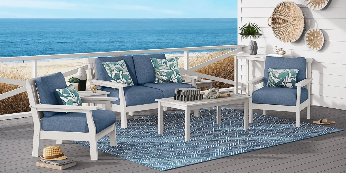 Eastlake White 4 Pc Outdoor Loveseat Seating Set with Blueberry Cushions