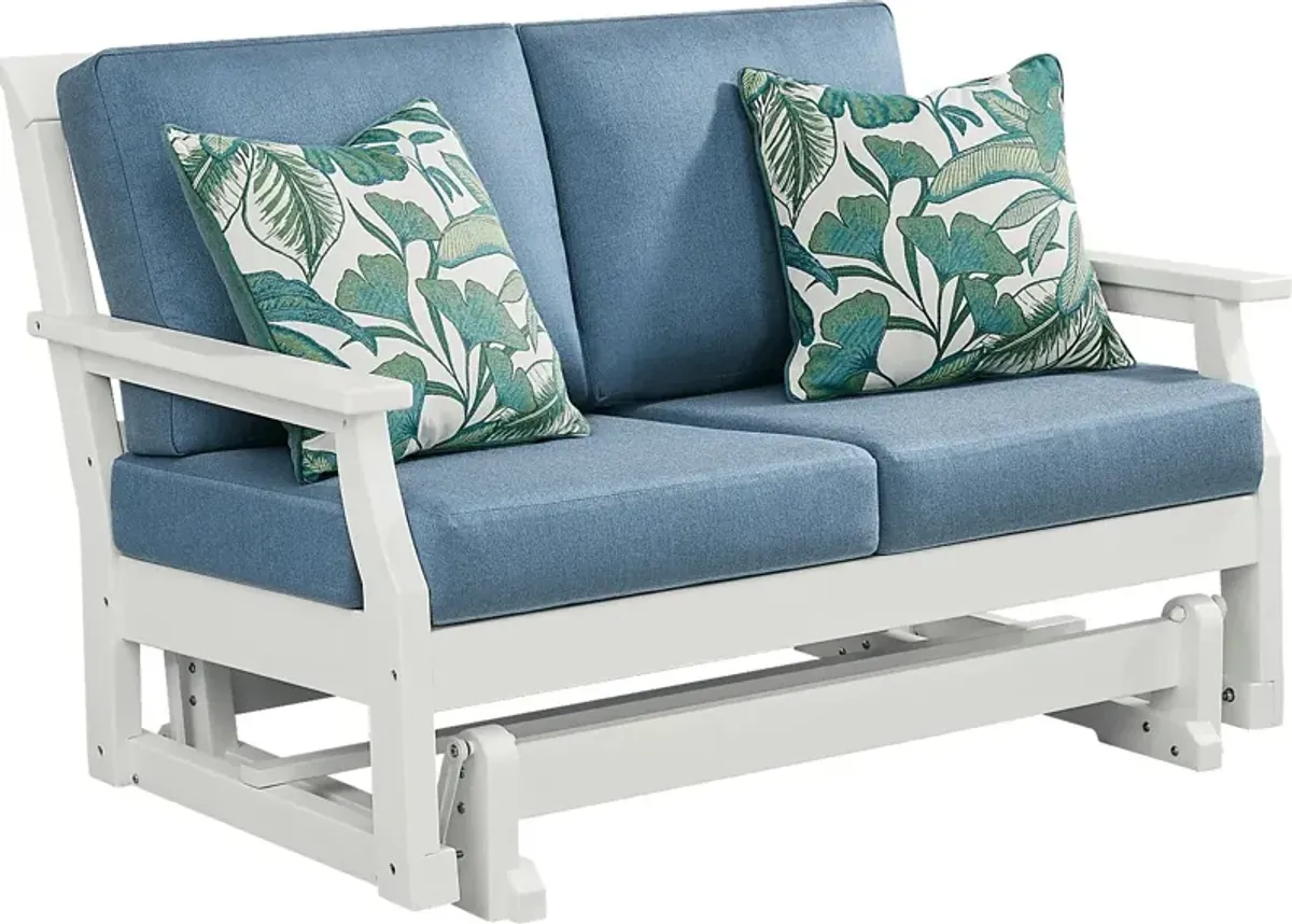 Eastlake White Outdoor Glider Loveseat with Blueberry Cushions