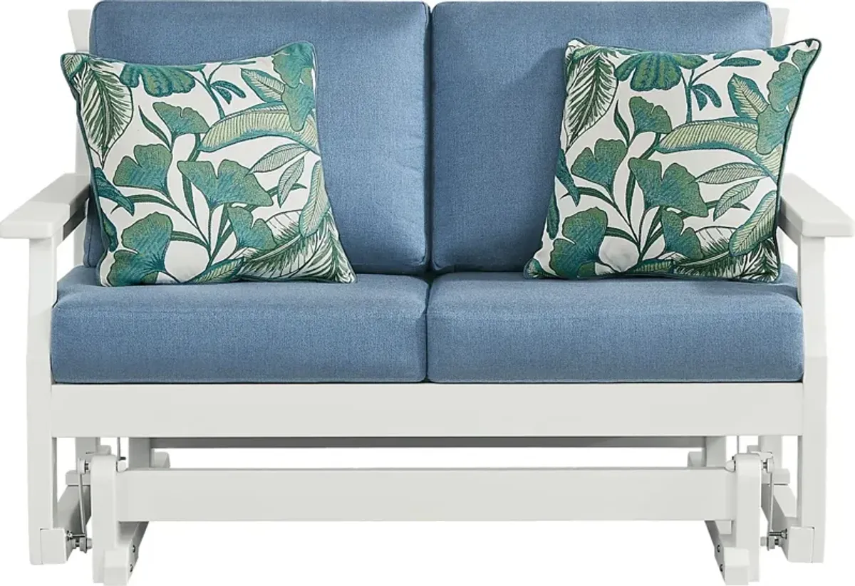 Eastlake White Outdoor Glider Loveseat with Blueberry Cushions