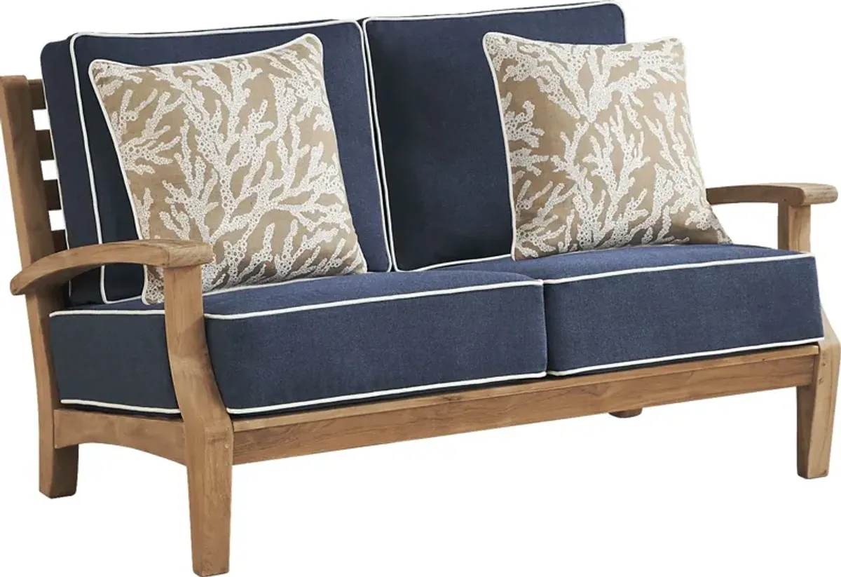 Pleasant Bay Teak 4 Pc Outdoor Loveseat Seating Set with Indigo Cushions