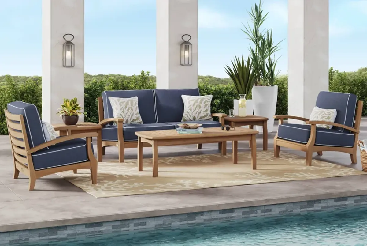 Pleasant Bay Teak 4 Pc Outdoor Loveseat Seating Set with Indigo Cushions