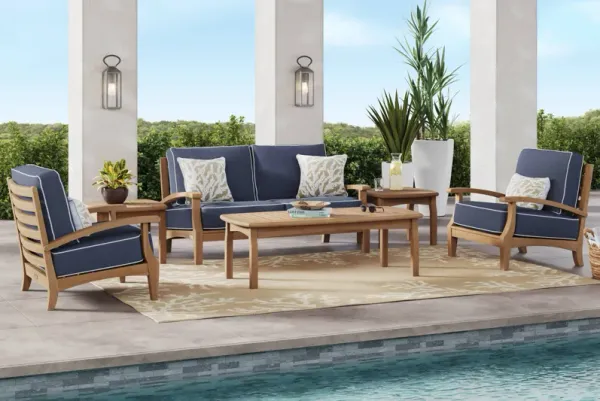 Pleasant Bay Teak 4 Pc Outdoor Loveseat Seating Set with Indigo Cushions