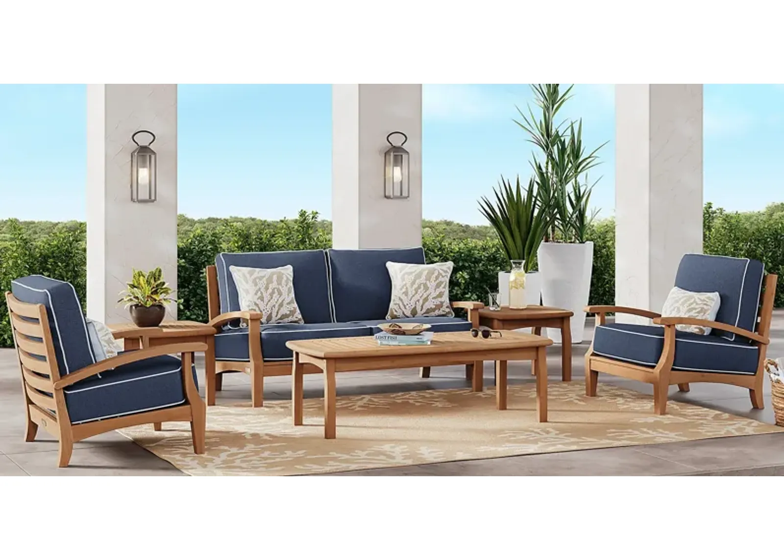 Pleasant Bay Teak 4 Pc Outdoor Loveseat Seating Set with Indigo Cushions