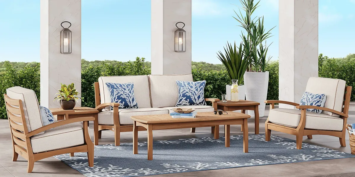 Pleasant Bay Teak 4 Pc Outdoor Loveseat Seating Set with Vapor Cushions