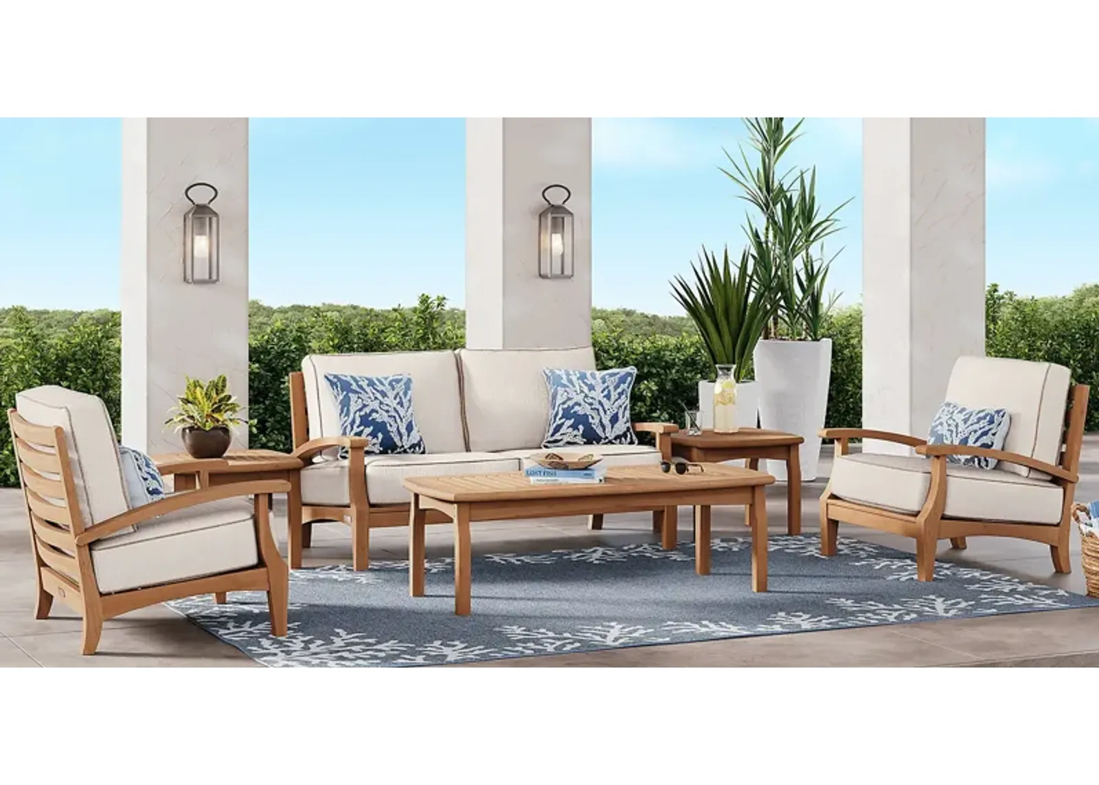 Pleasant Bay Teak 4 Pc Outdoor Loveseat Seating Set with Vapor Cushions