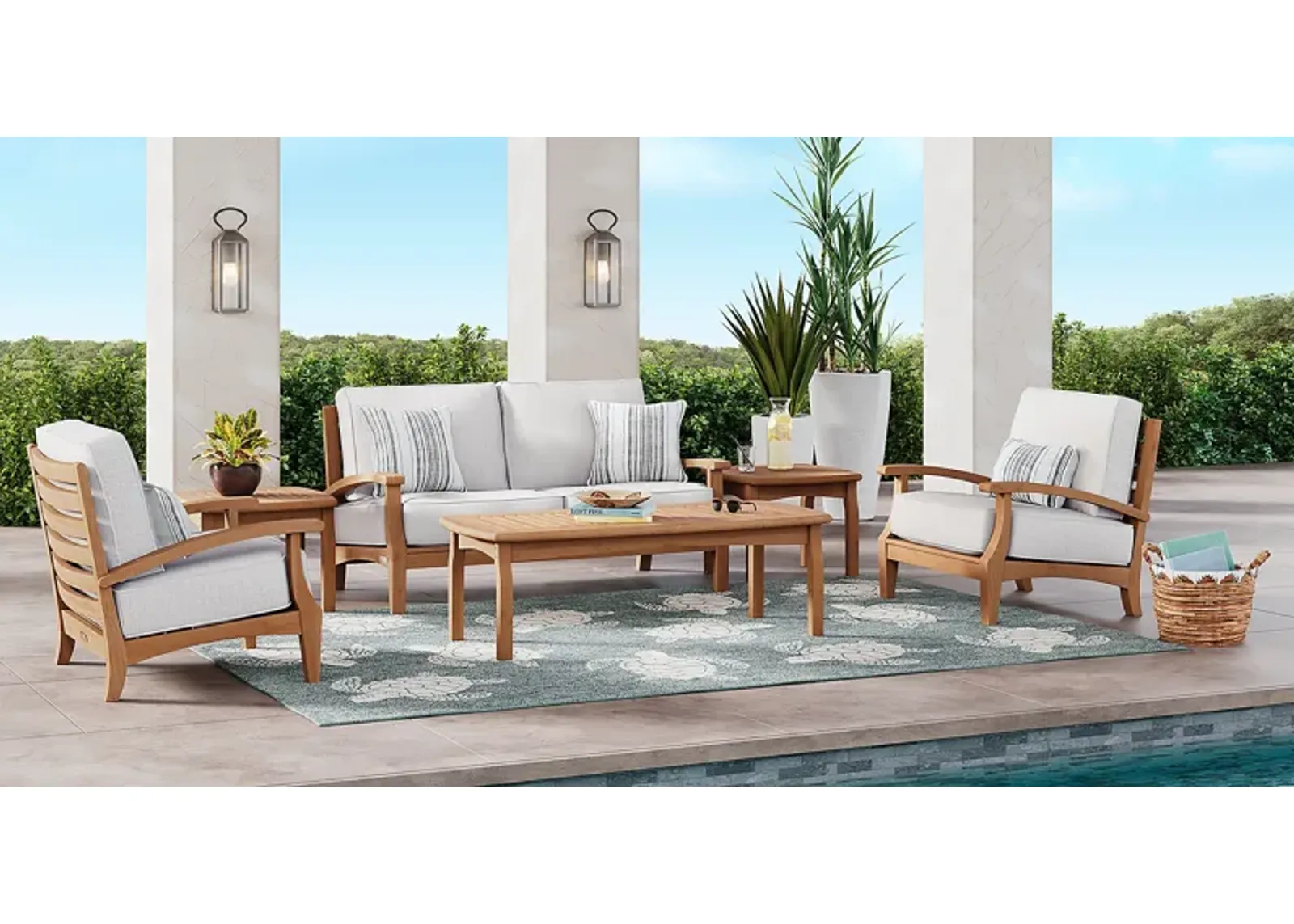 Pleasant Bay Teak 4 Pc Outdoor Seating Set with Dove Cushions