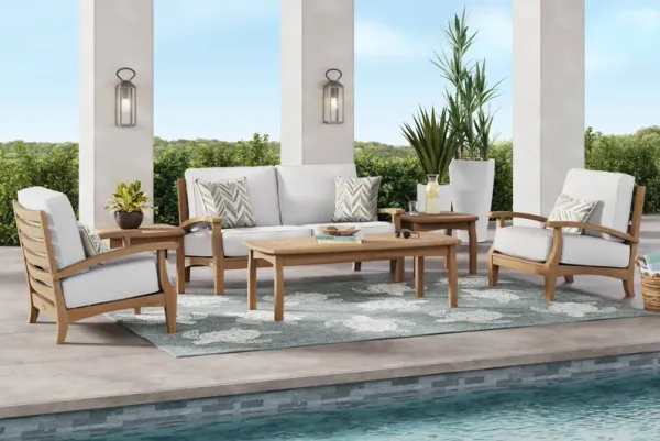 Pleasant Bay Teak 4 Pc Outdoor Loveseat Seating Set with Dove Cushions