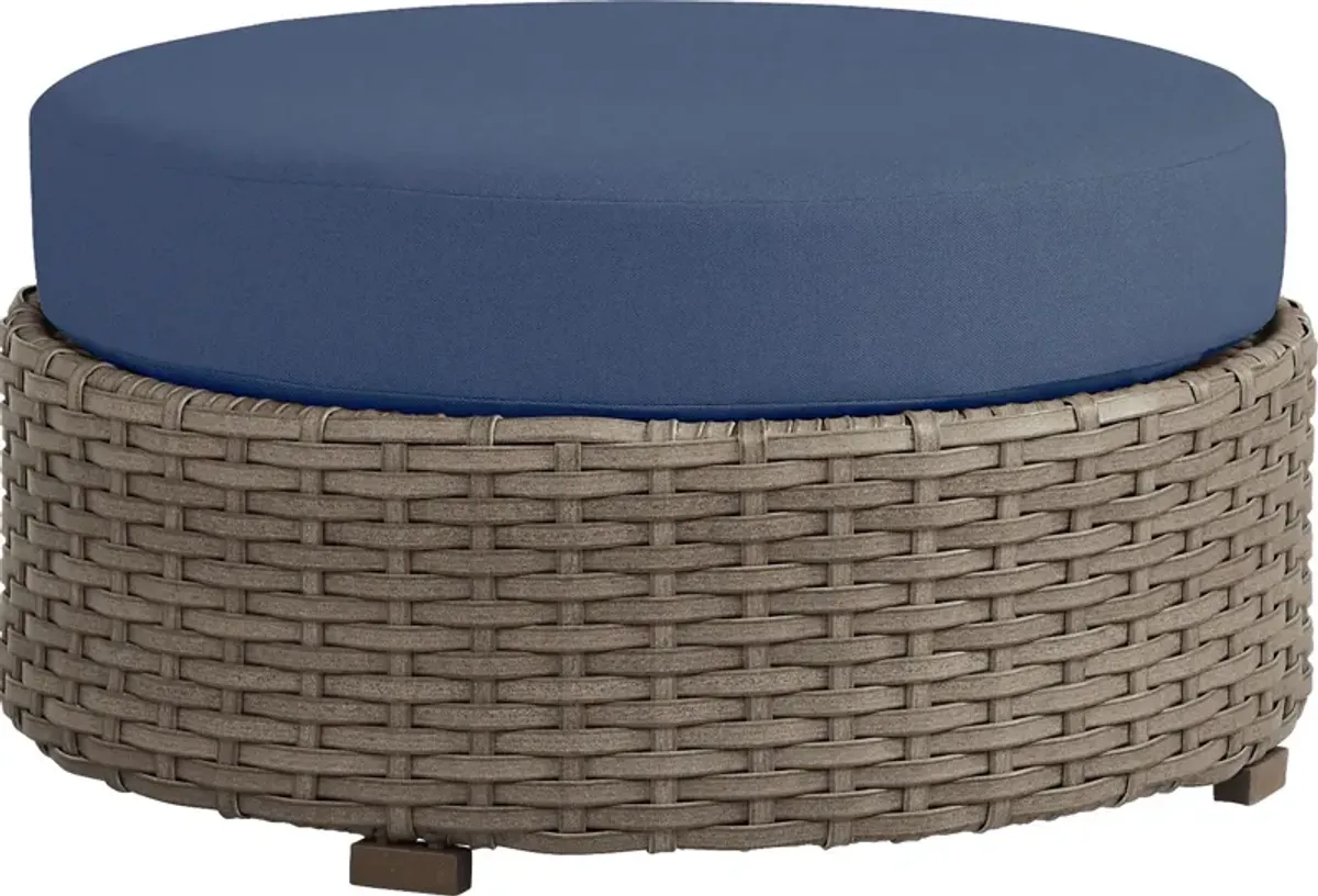 Siesta Key Driftwood Round Outdoor Ottoman with Indigo Cushions