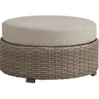Siesta Key Driftwood Round Outdoor Ottoman with Sand Cushions