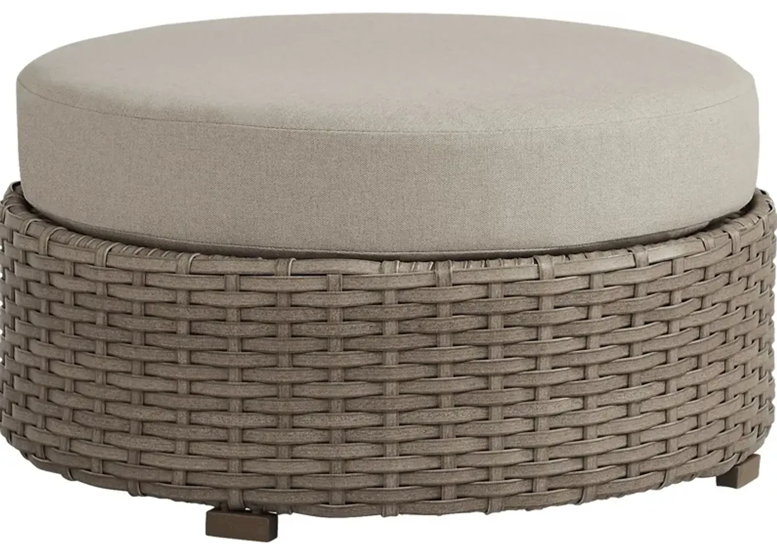 Siesta Key Driftwood Round Outdoor Ottoman with Sand Cushions