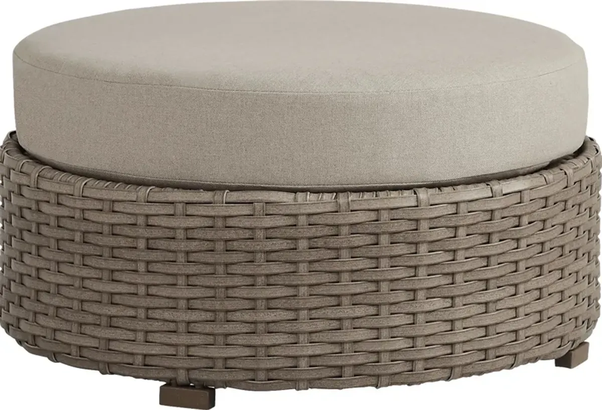 Siesta Key Driftwood Round Outdoor Ottoman with Sand Cushions