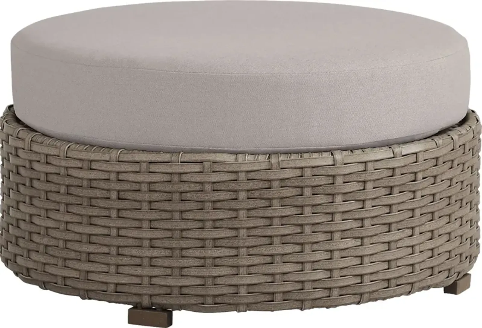 Siesta Key Driftwood Round Outdoor Ottoman with Rollo Linen Cushions