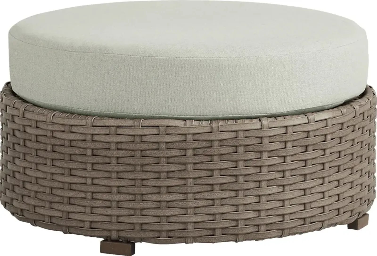 Siesta Key Driftwood Round Outdoor Ottoman with Rollo Seafoam Cushions