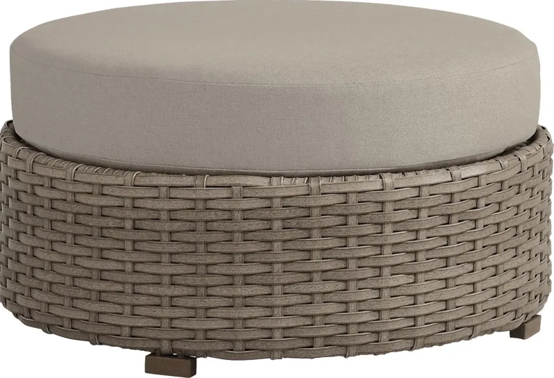 Siesta Key Driftwood Round Outdoor Ottoman with Pebble Cushions