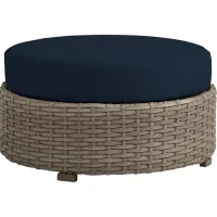Siesta Key Driftwood Round Outdoor Ottoman with Ink Cushions