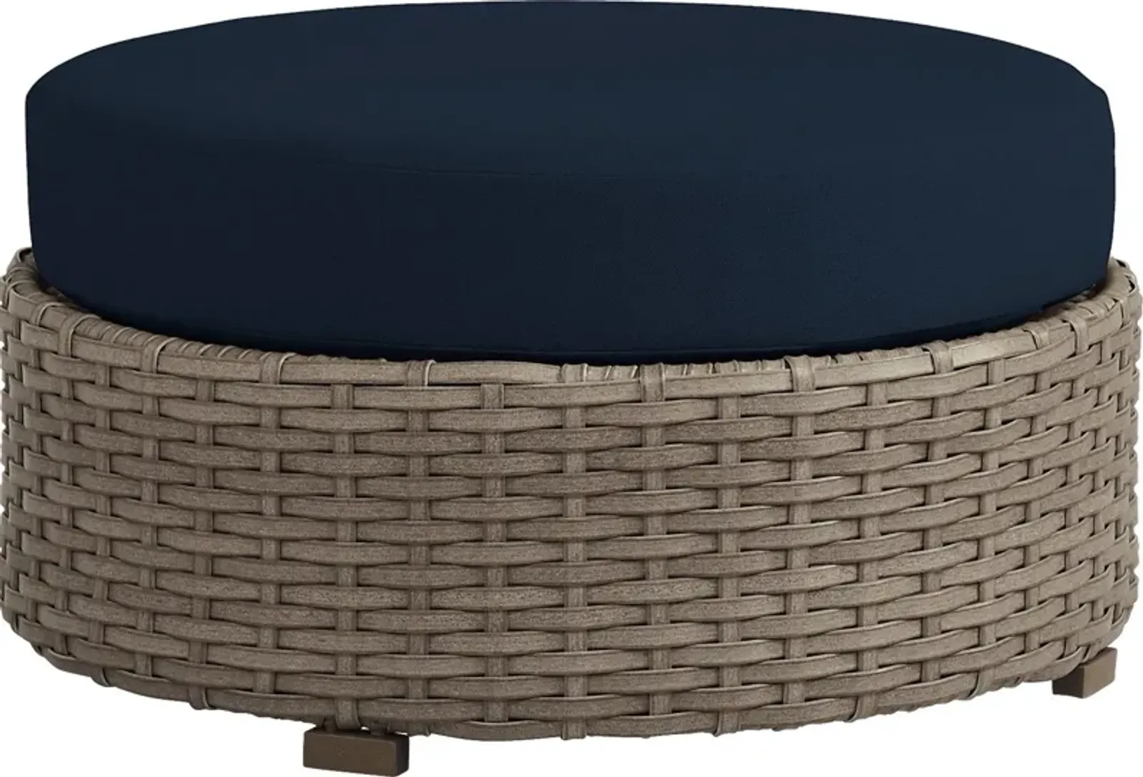 Siesta Key Driftwood Round Outdoor Ottoman with Ink Cushions